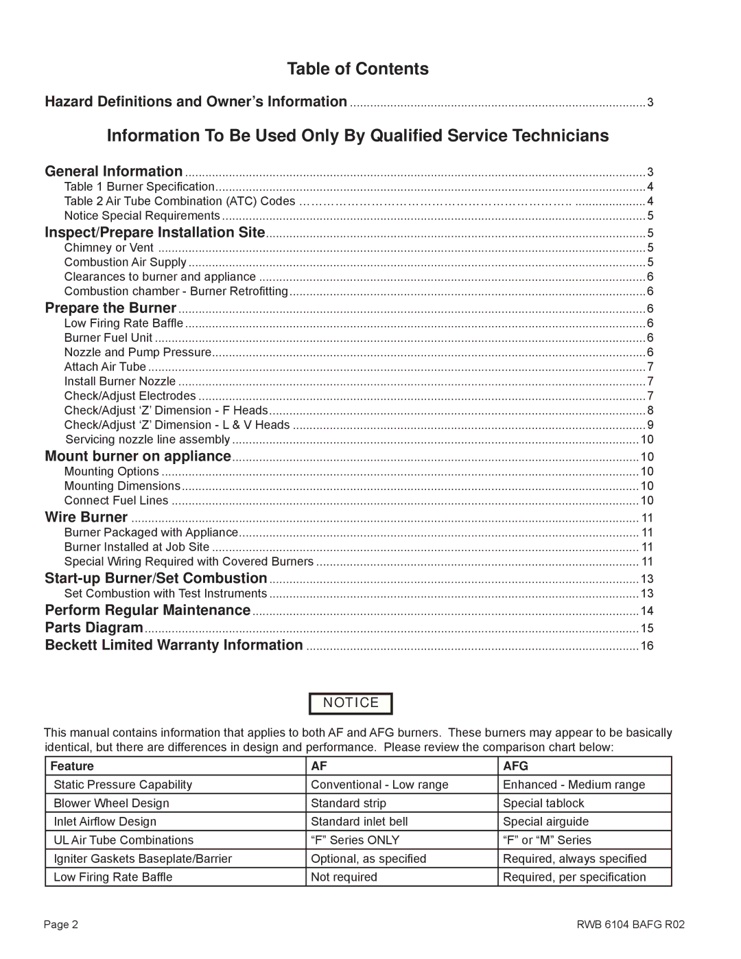 Beckett AFG, Oil Burner manual Table of Contents, Information To Be Used Only By Qualiﬁed Service Technicians 