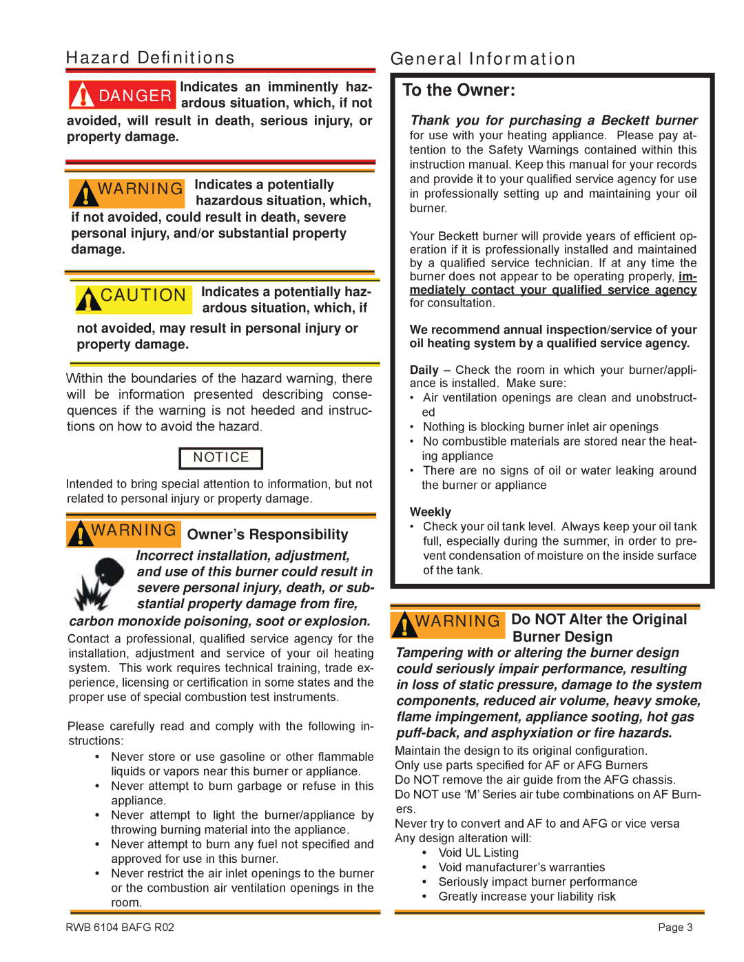 Beckett AFG, Oil Burner manual Hazard Deﬁnitions, General Information To the Owner 