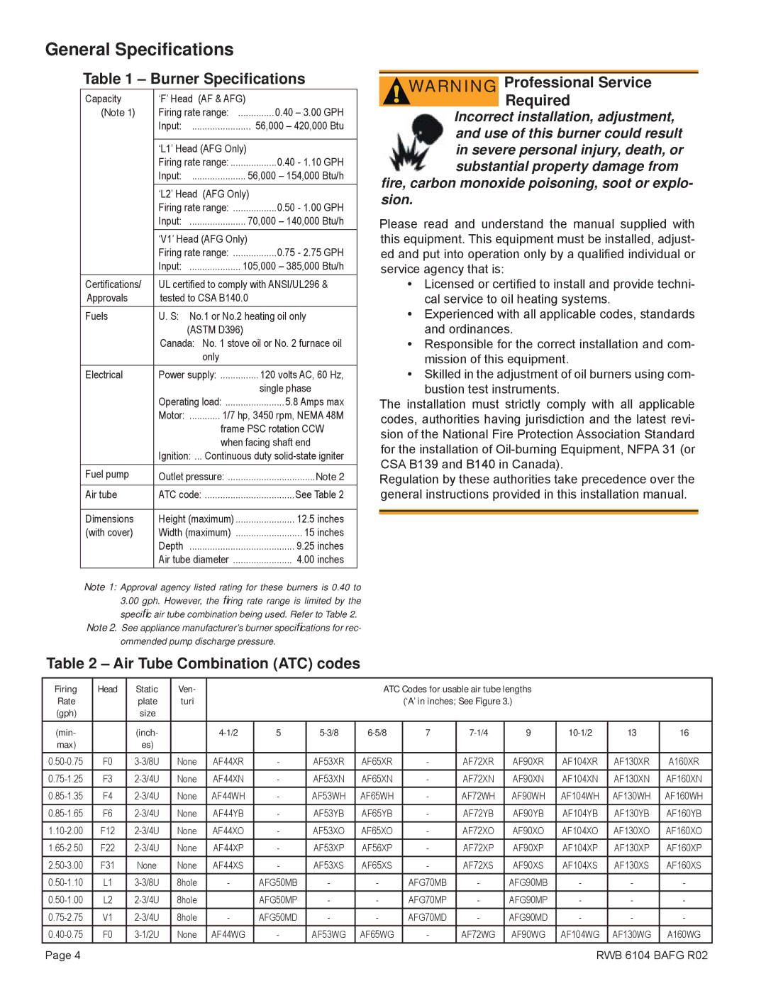 Beckett Oil Burner, AFG manual General Speciﬁcations, Burner Speciﬁcations, Air Tube Combination ATC codes 