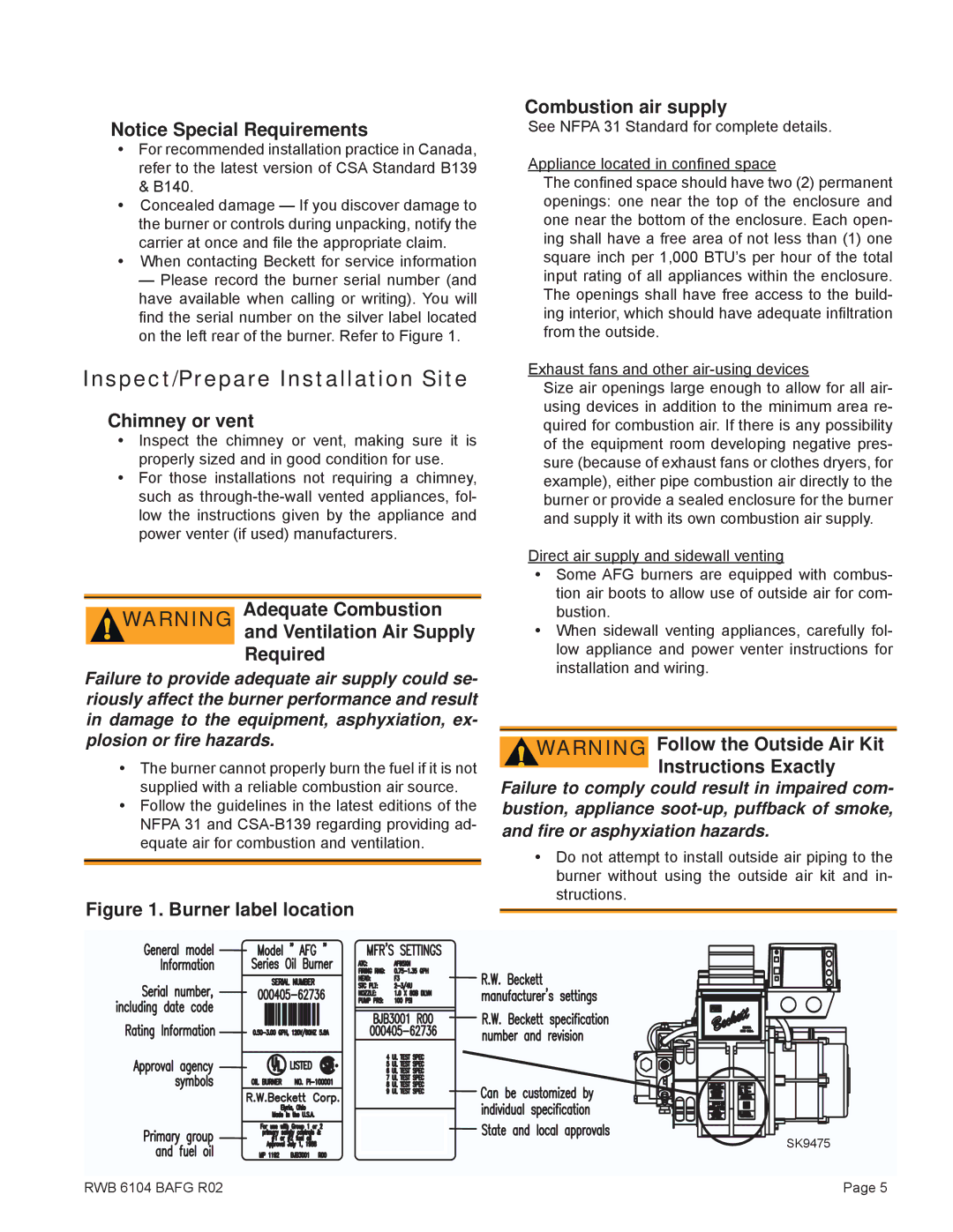 Beckett AFG Inspect/Prepare Installation Site, Chimney or vent, Adequate Combustion, Ventilation Air Supply, Required 