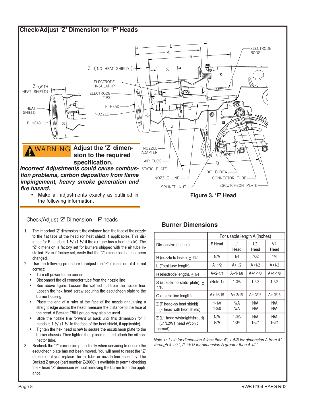 Beckett AFG, Oil Burner manual Check/Adjust ‘Z’ Dimension ‘F’ heads, Burner Dimensions 