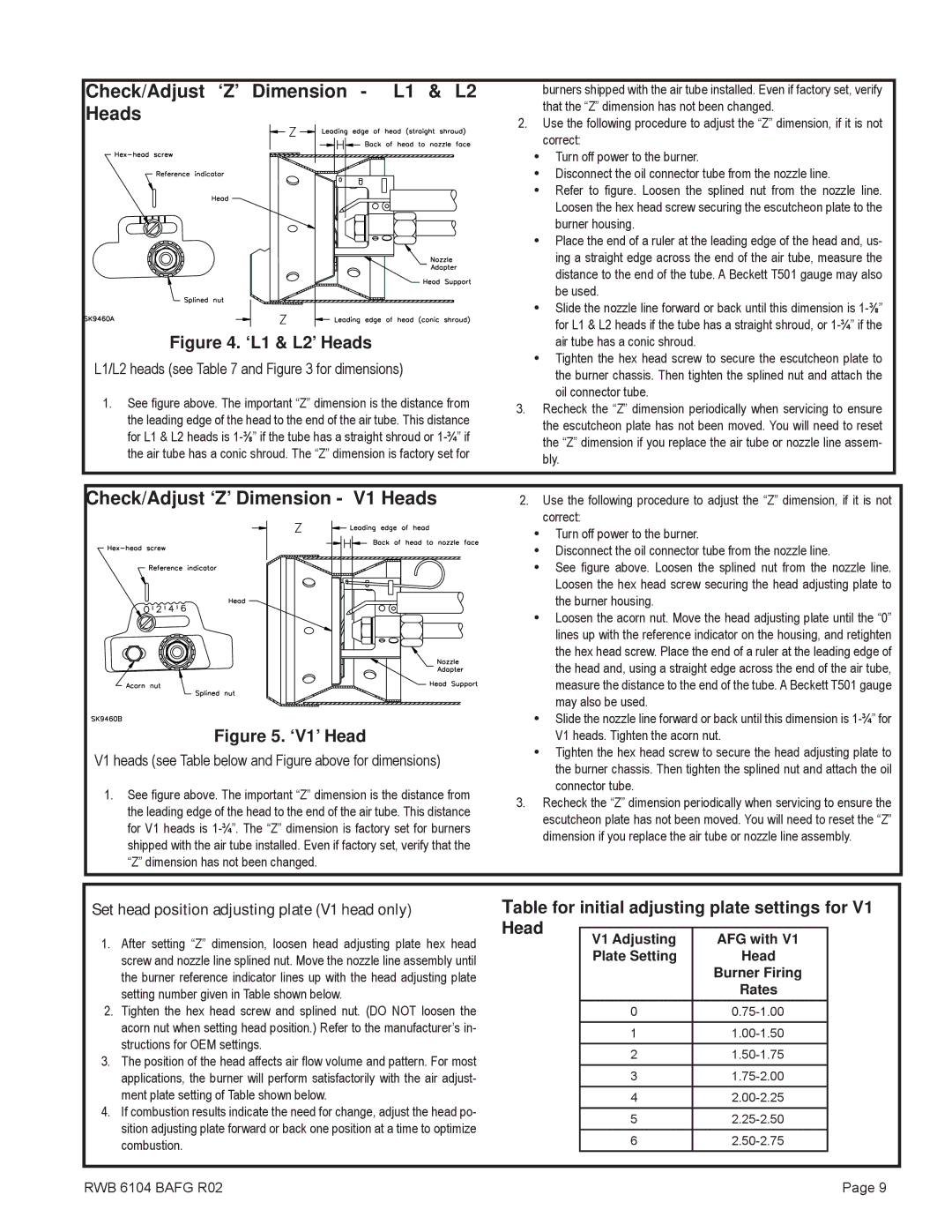 Beckett AFG, Oil Burner manual Check/Adjust ‘Z’ Dimension L1 & L2 Heads, Check/Adjust ‘Z’ Dimension V1 Heads 