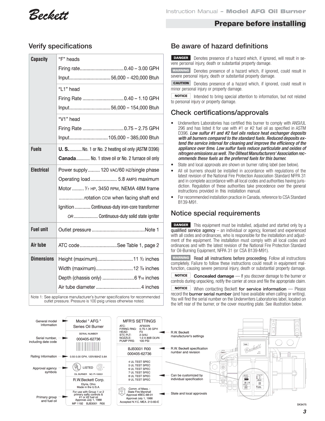 Beckett AFG Oil Burner instruction manual Verify specifications Be aware of hazard definitions 