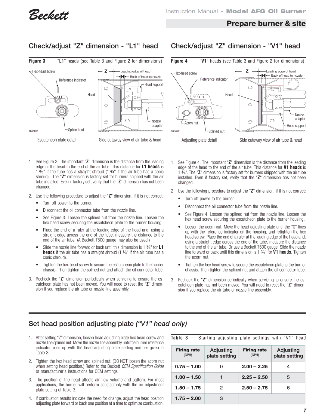 Beckett AFG Oil Burner instruction manual L1 heads see and for dimensions, Starting adjusting plate settings with V1 head 