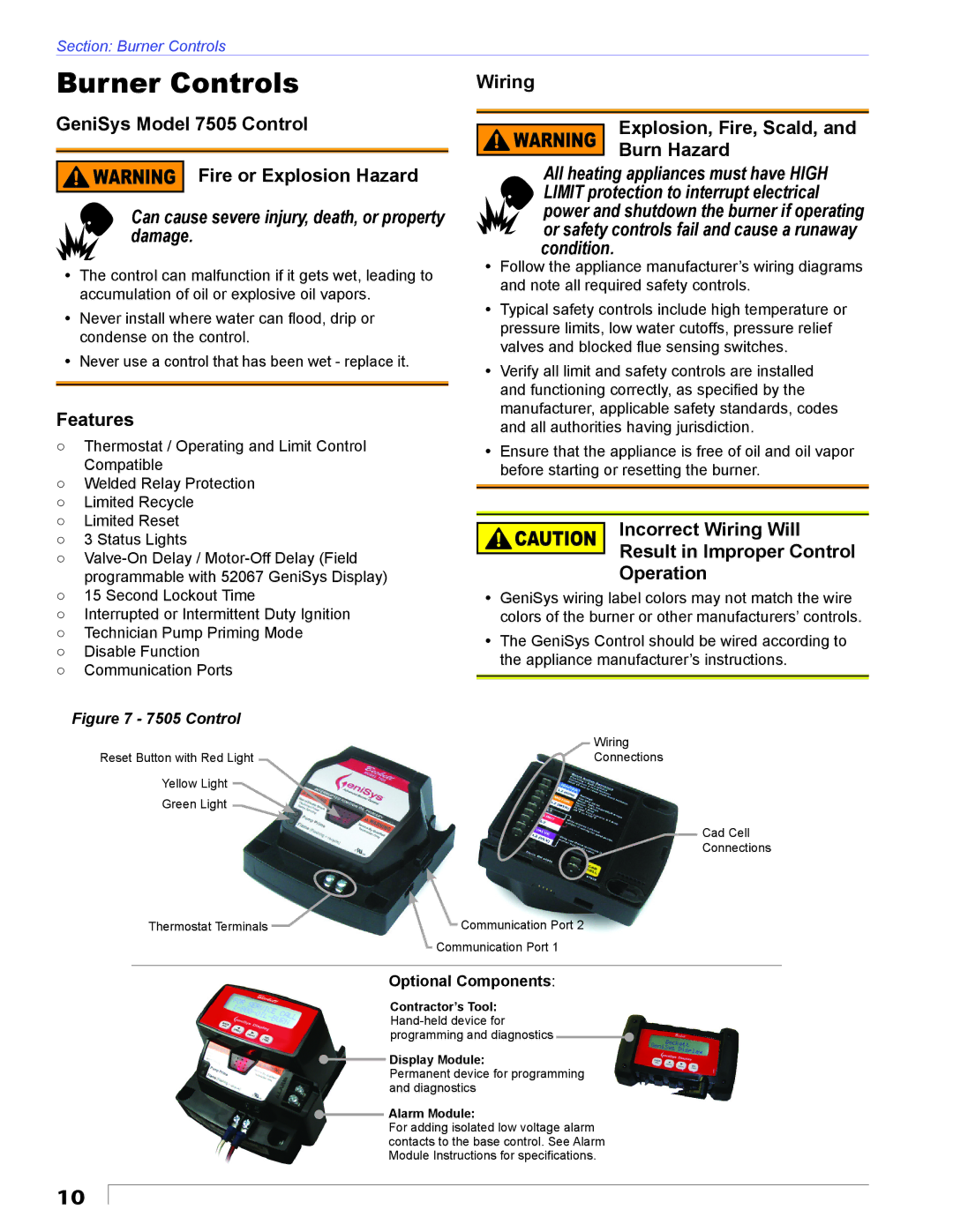 Beckett AFII manual Burner Controls, GeniSys Model 7505 Control Fire or Explosion Hazard, Features 