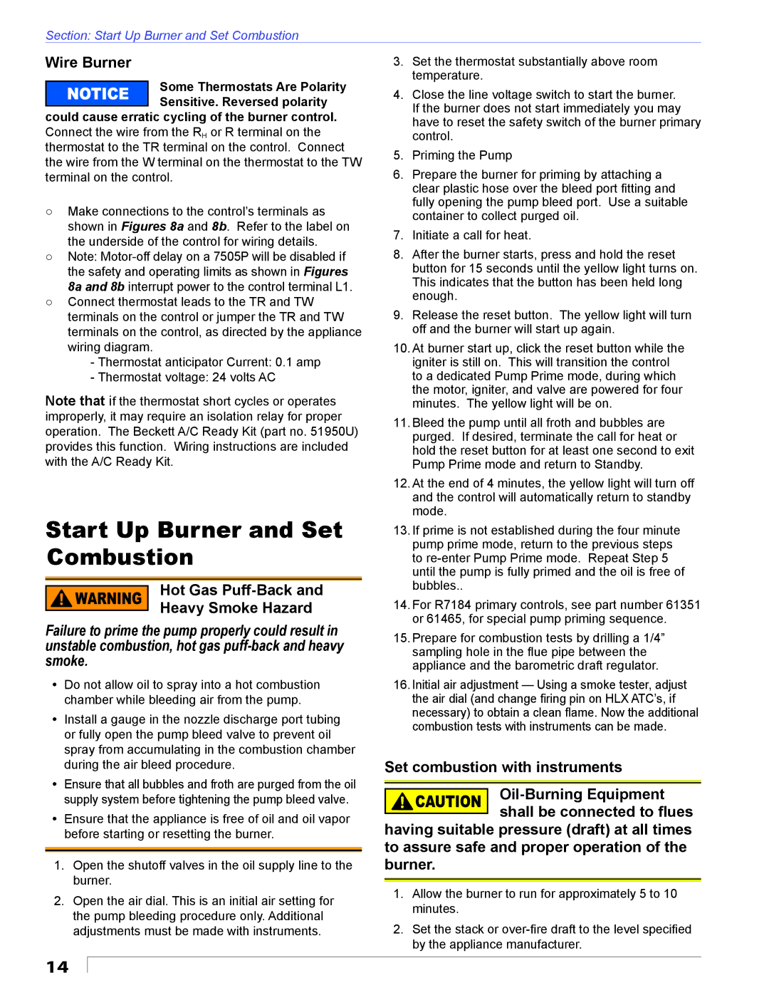 Beckett AFII manual Start Up Burner and Set Combustion, Wire Burner, Hot Gas Puff-Back Heavy Smoke Hazard 