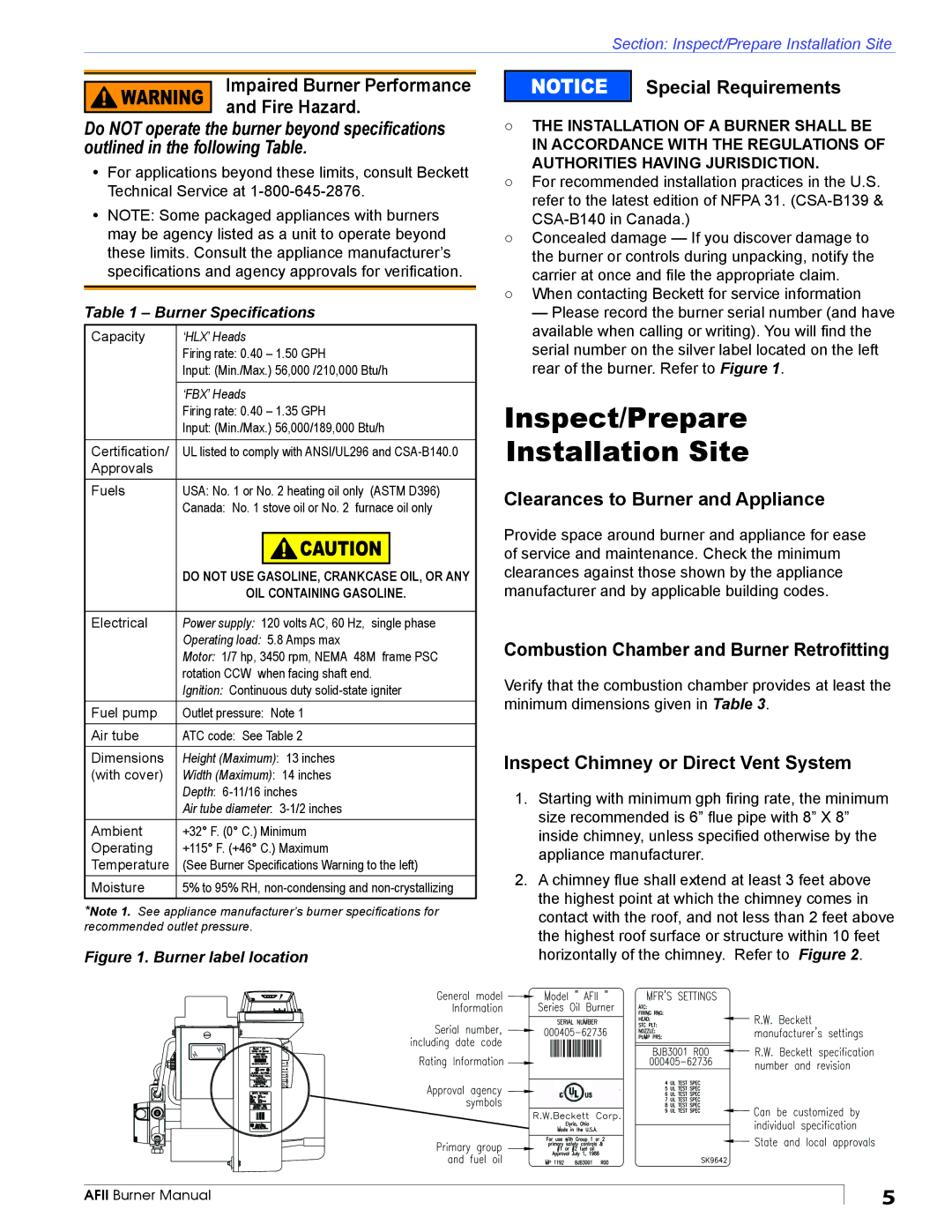 Beckett AFII manual Inspect/Prepare Installation Site 