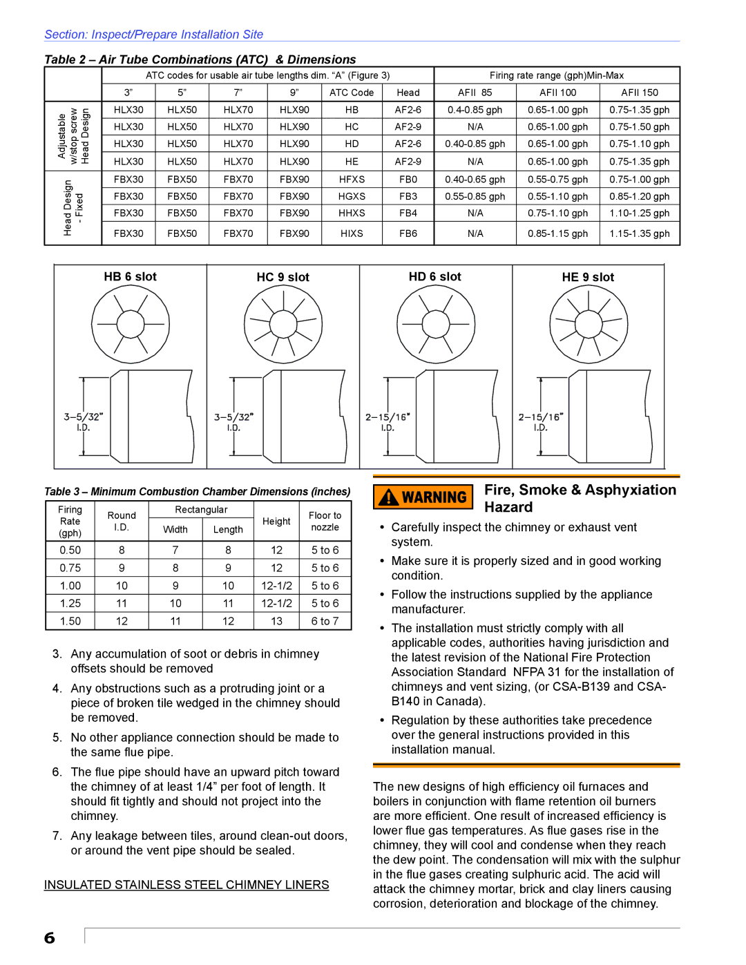 Beckett AFII manual Fire, Smoke & Asphyxiation Hazard, Air Tube Combinations ATC & Dimensions 