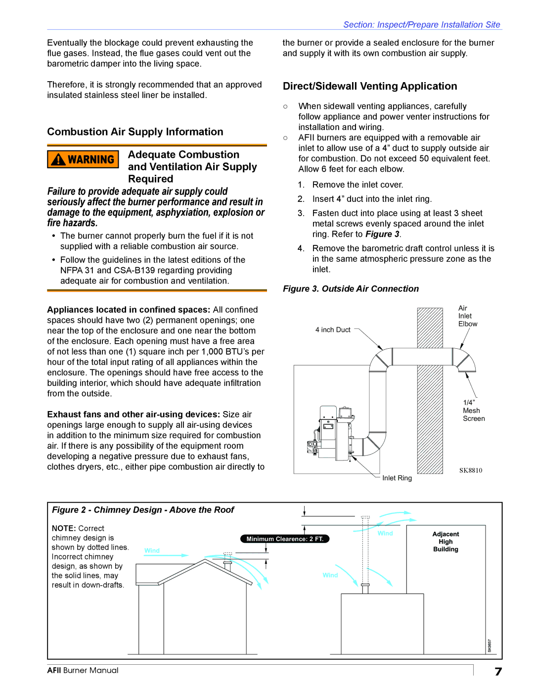 Beckett AFII manual Direct/Sidewall Venting Application, Outside Air Connection 