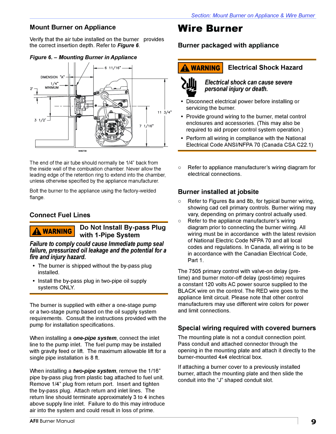 Beckett AFII manual Wire Burner, Mount Burner on Appliance, Burner packaged with appliance Electrical Shock Hazard 