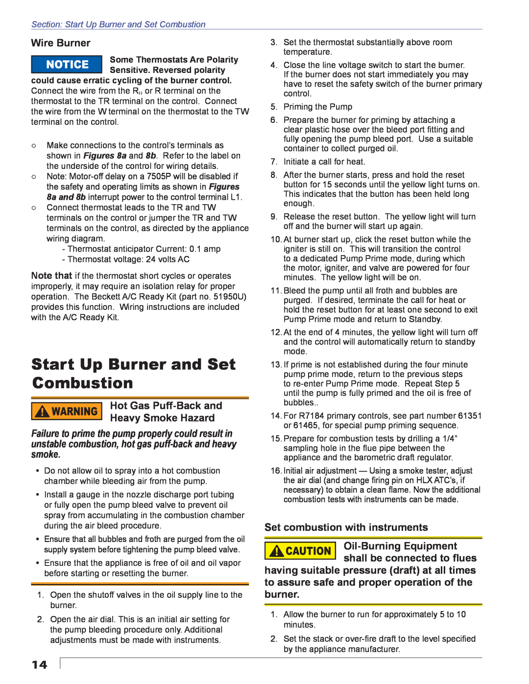 Beckett AFII manual Start Up Burner and Set Combustion, Wire Burner, Hot Gas Puff-Back and Heavy Smoke Hazard 