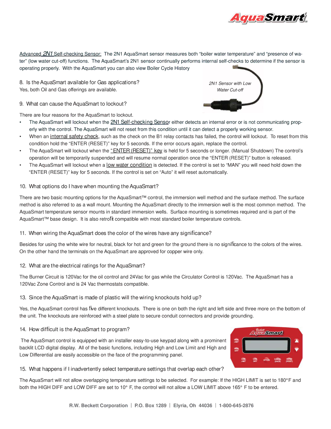 Beckett Boiler manual Is the AquaSmart available for Gas applications?, Yes, both Oil and Gas offerings are available 