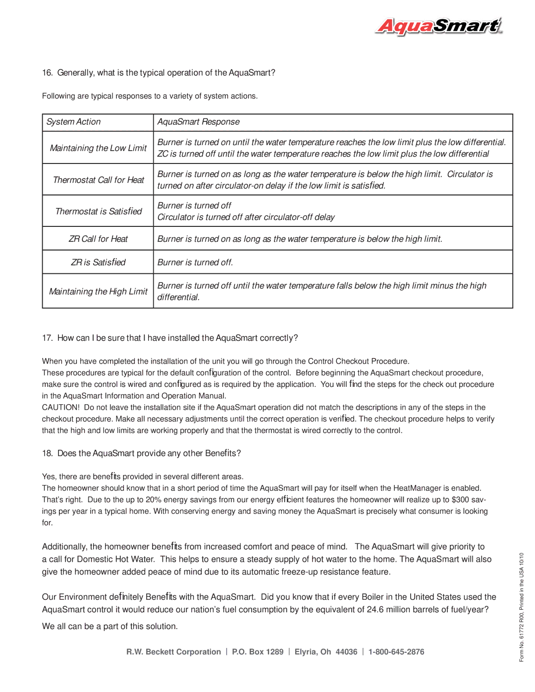 Beckett Boiler Generally, what is the typical operation of the AquaSmart?, Does the AquaSmart provide any other Beneﬁts? 