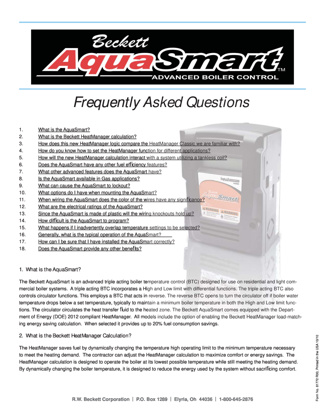 Beckett Boiler manual Frequently Asked Questions, What is the AquaSmart?, What is the Beckett HeatManager Calculation? 
