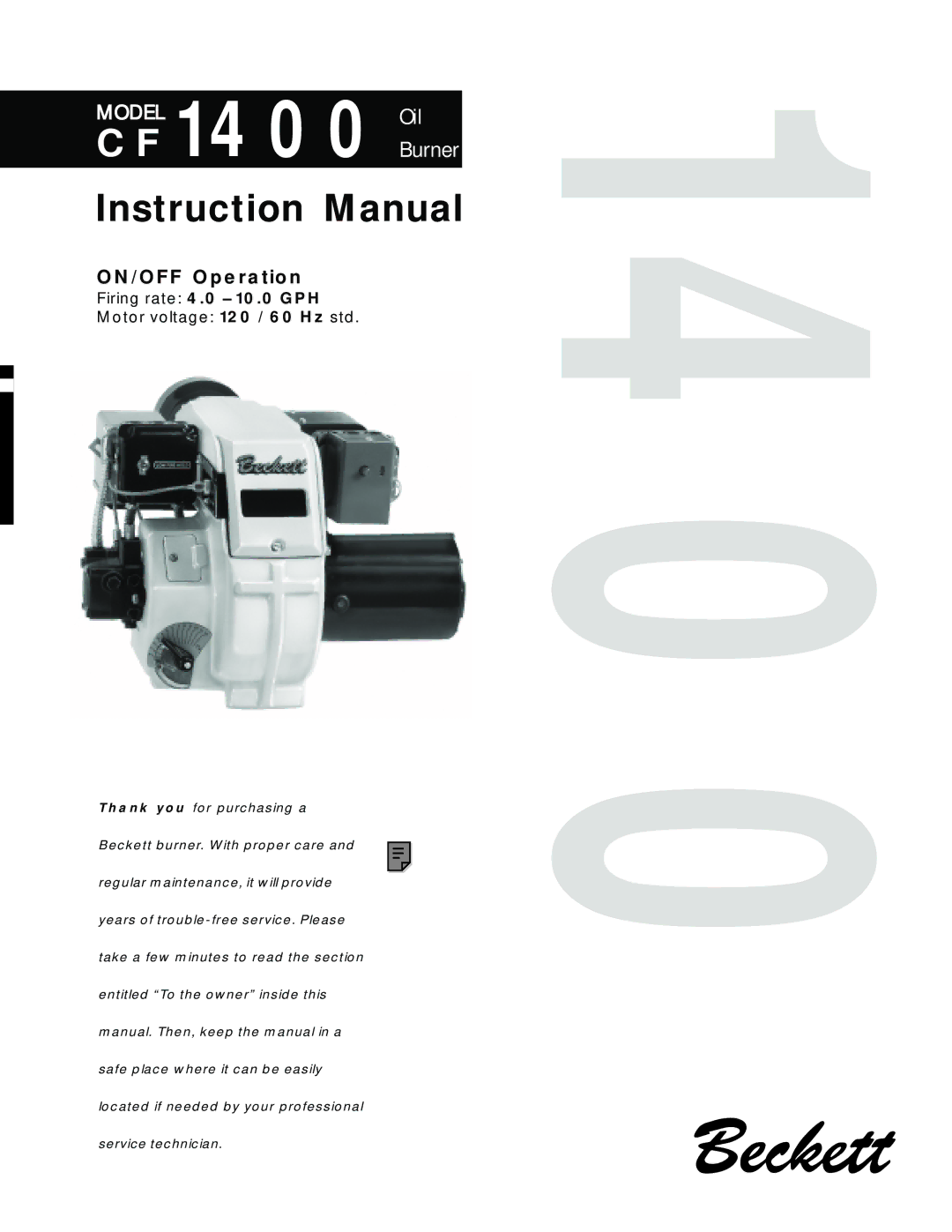 Beckett CF 1400 instruction manual Model 1400Oil, ON/OFF Operation 