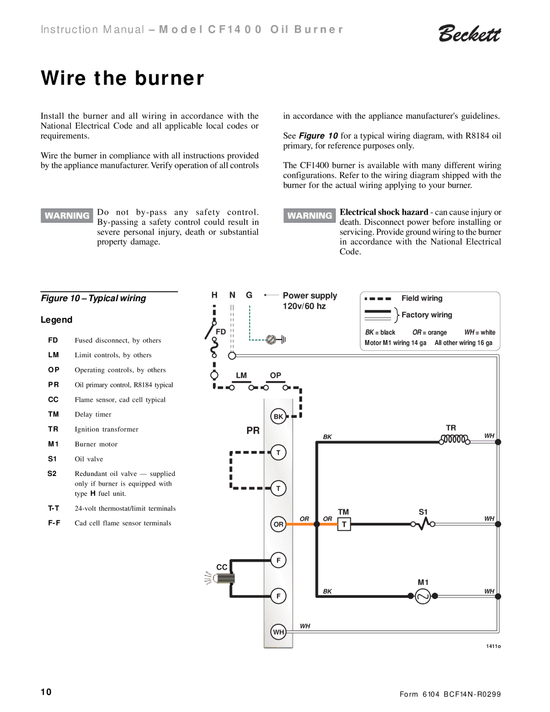 Beckett CF 1400 instruction manual Wire the burner, Typical wiring 