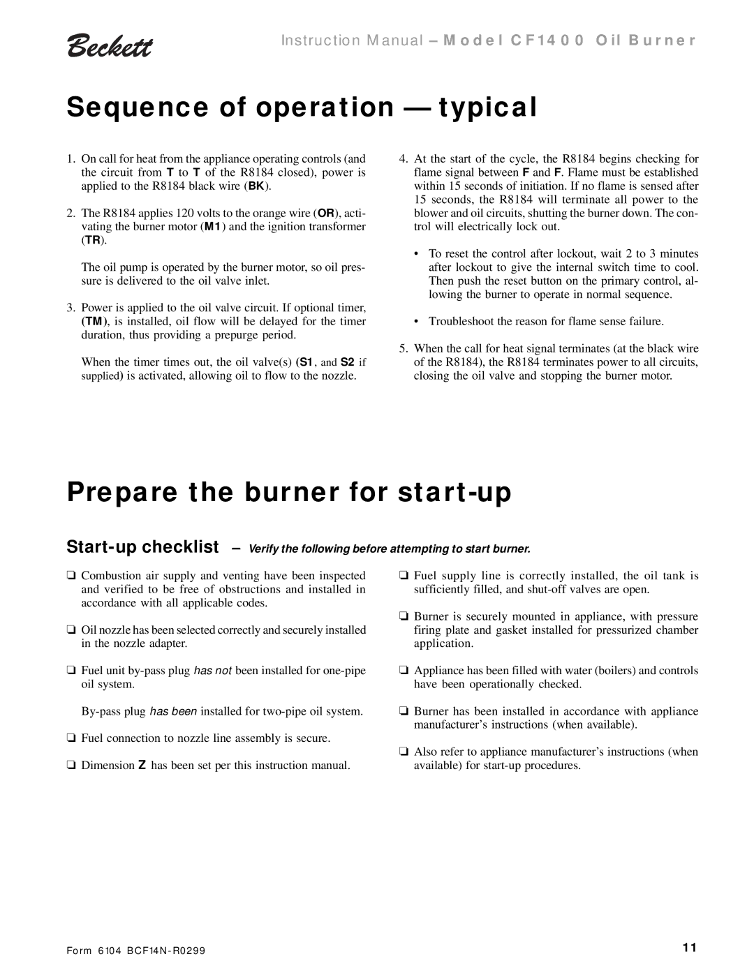 Beckett CF 1400 instruction manual Sequence of operation typical, Prepare the burner for start-up 