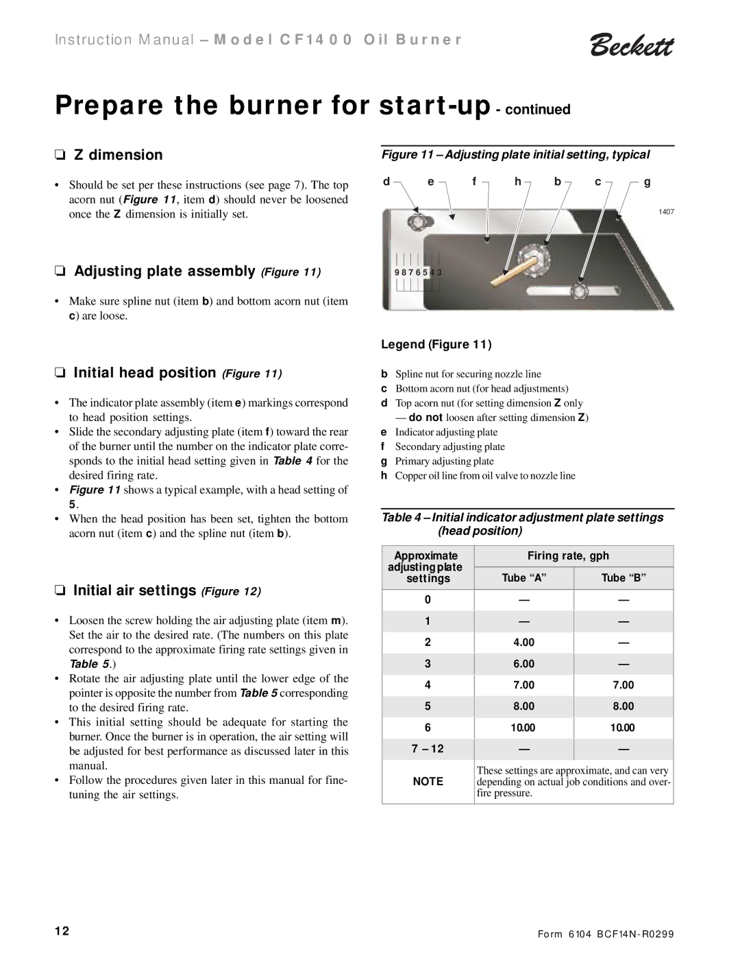 Beckett CF 1400 Dimension, Adjusting plate assembly Figure, Initial head position Figure, Initial air settings Figure 