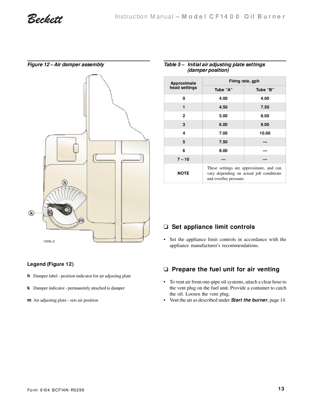 Beckett CF 1400 instruction manual Set appliance limit controls, Prepare the fuel unit for air venting 