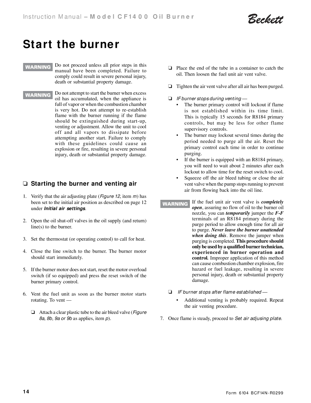 Beckett CF 1400 instruction manual Start the burner, Starting the burner and venting air 