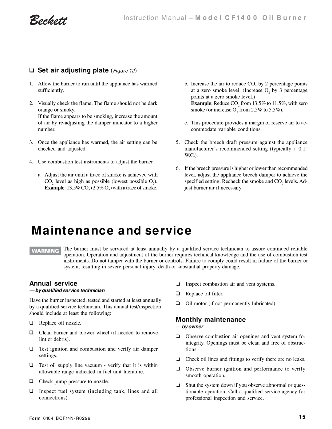 Beckett CF 1400 Maintenance and service, Set air adjusting plate Figure, Annual service, Monthly maintenance 