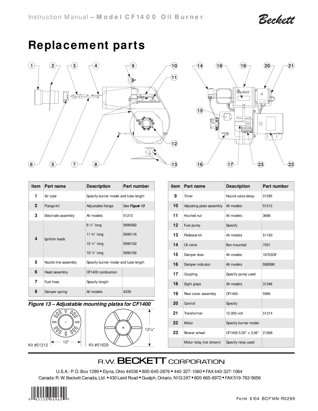 Beckett CF 1400 instruction manual Replacement parts, Adjustable mounting plates for CF1400 