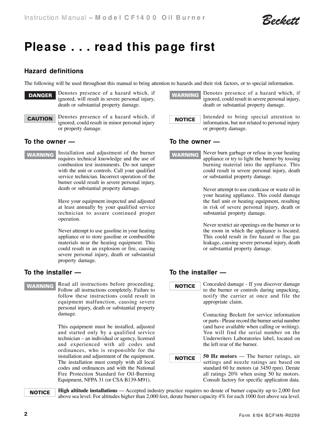 Beckett CF 1400 instruction manual Please . . . read this page first, Hazard definitions, To the owner, To the installer 