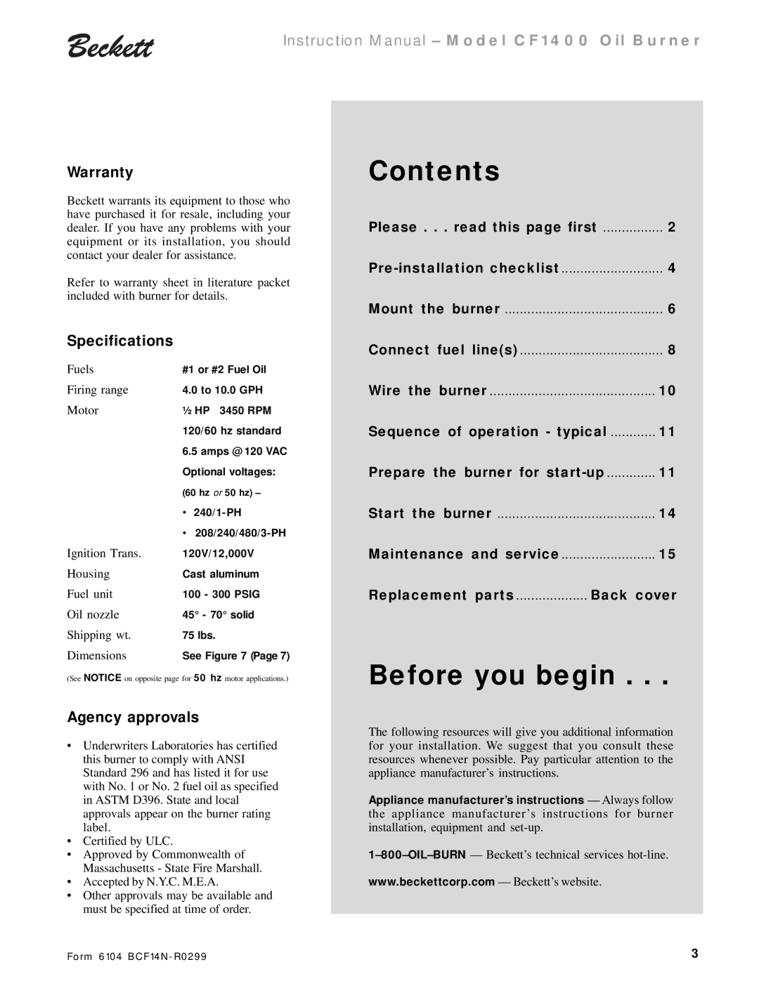 Beckett CF 1400 instruction manual Contents, Before you begin 