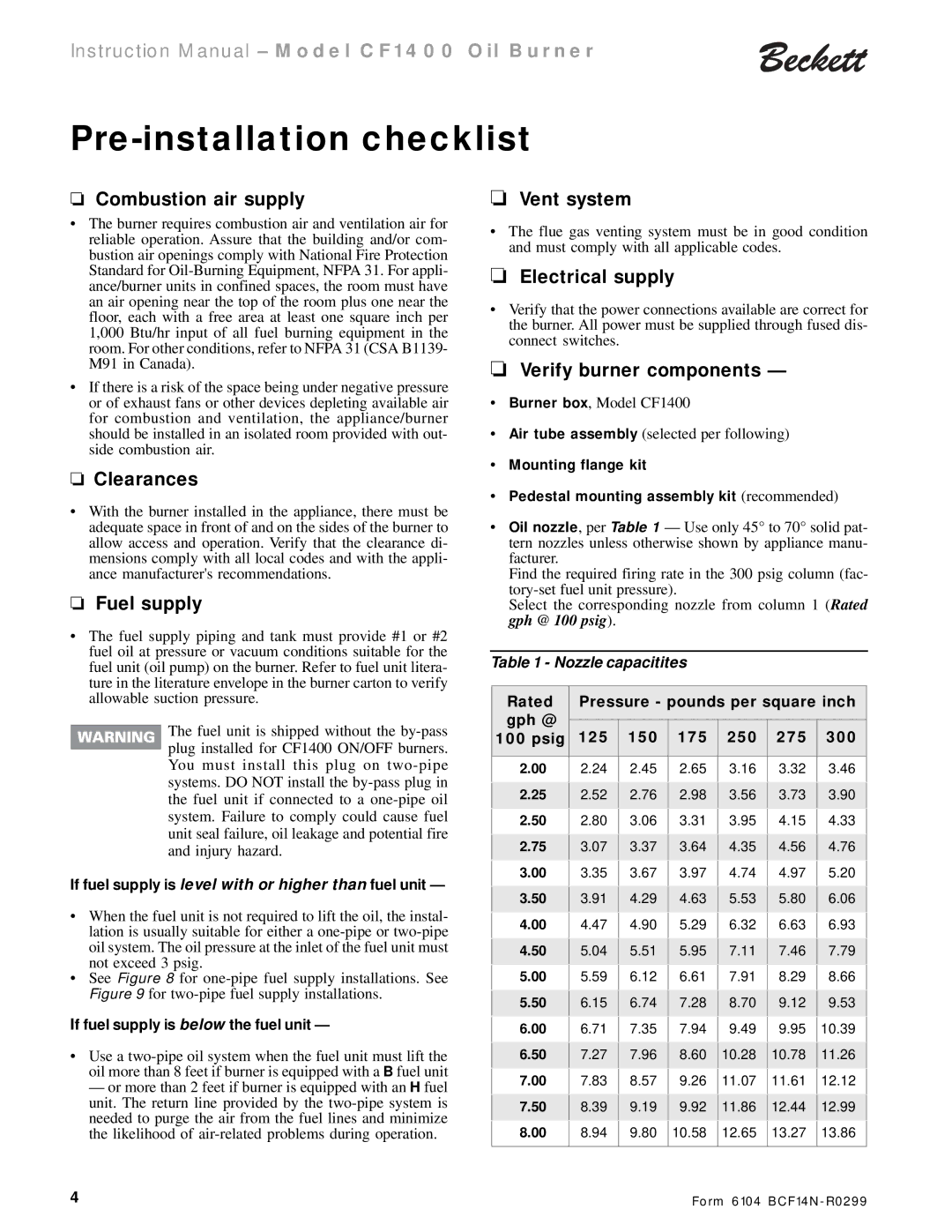 Beckett CF 1400 instruction manual Pre-installation checklist 