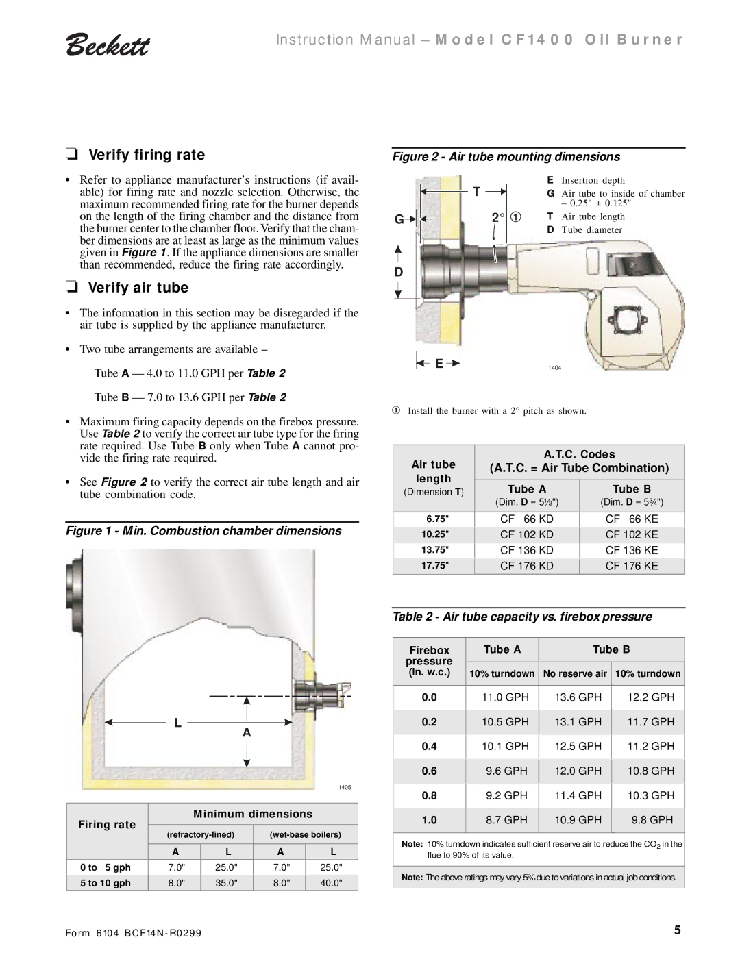 Beckett CF 1400 instruction manual Verify firing rate, Verify air tube, Air tube capacity vs. firebox pressure 