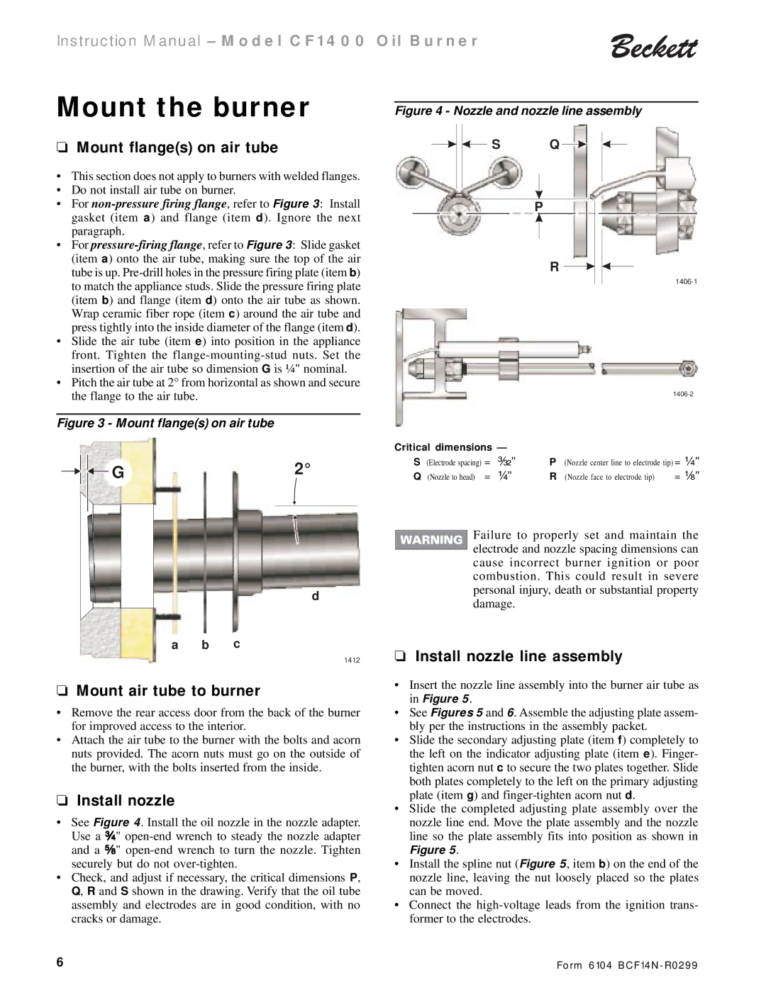 Beckett CF 1400 instruction manual Mount the burner, Mount flanges on air tube, Mount air tube to burner, Install nozzle 