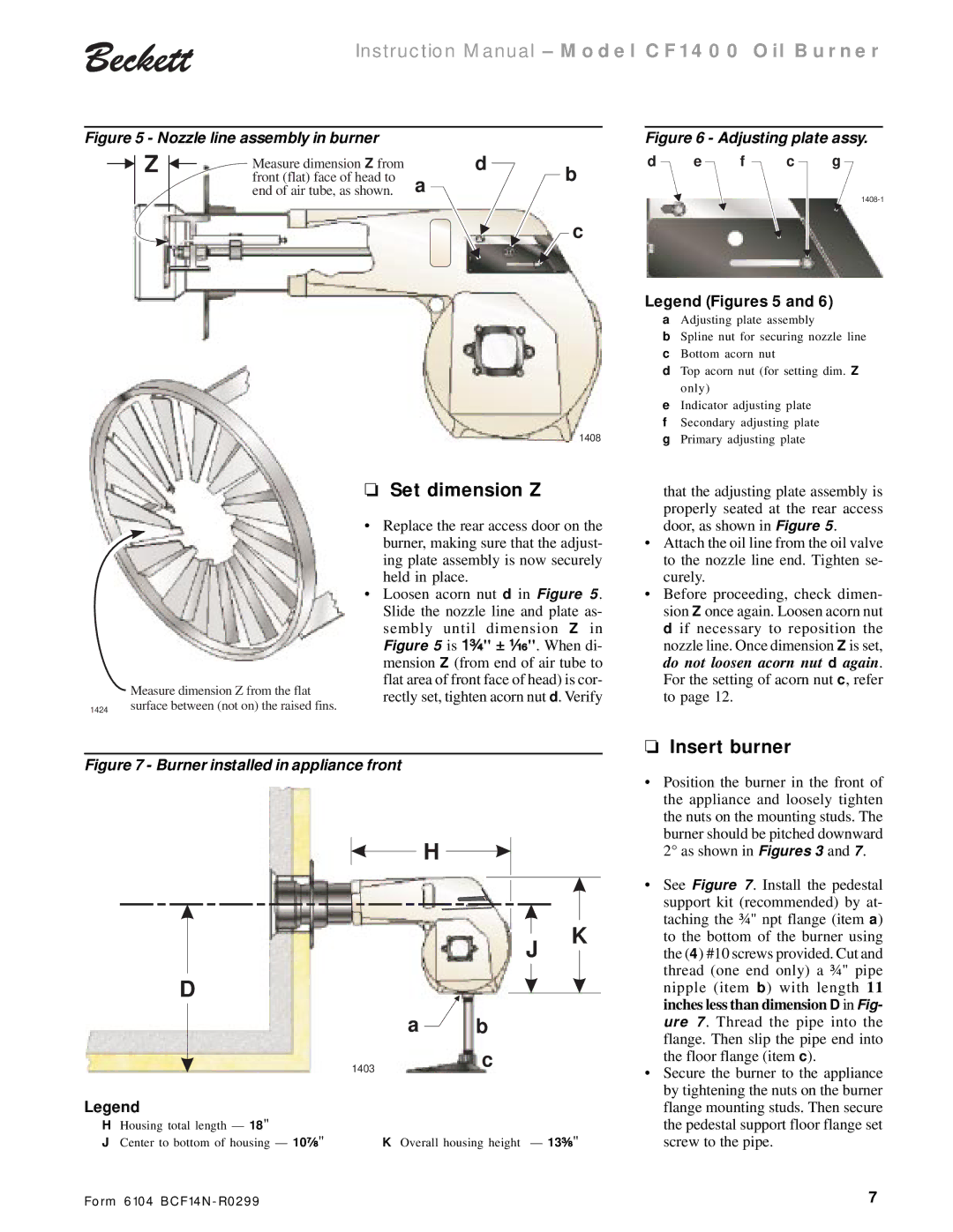 Beckett CF 1400 instruction manual Set dimension Z, Insert burner 