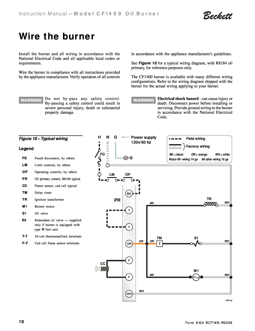 Beckett CF 1400 instruction manual Wire the burner, Typical wiring, Instruction Manual - Model CF1400 Oil Burner 