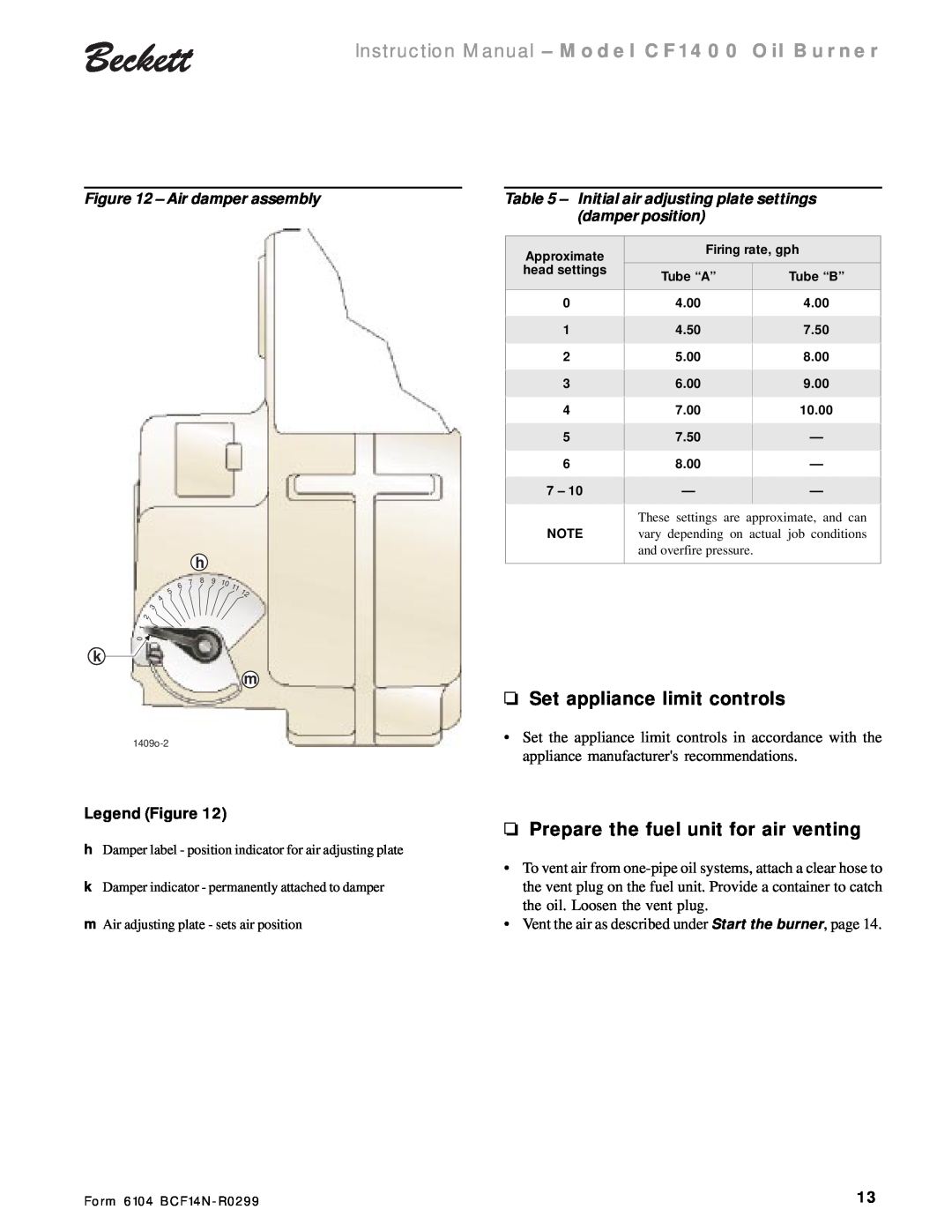 Beckett CF 1400 Set appliance limit controls, Prepare the fuel unit for air venting, Air damper assembly, Legend Figure 