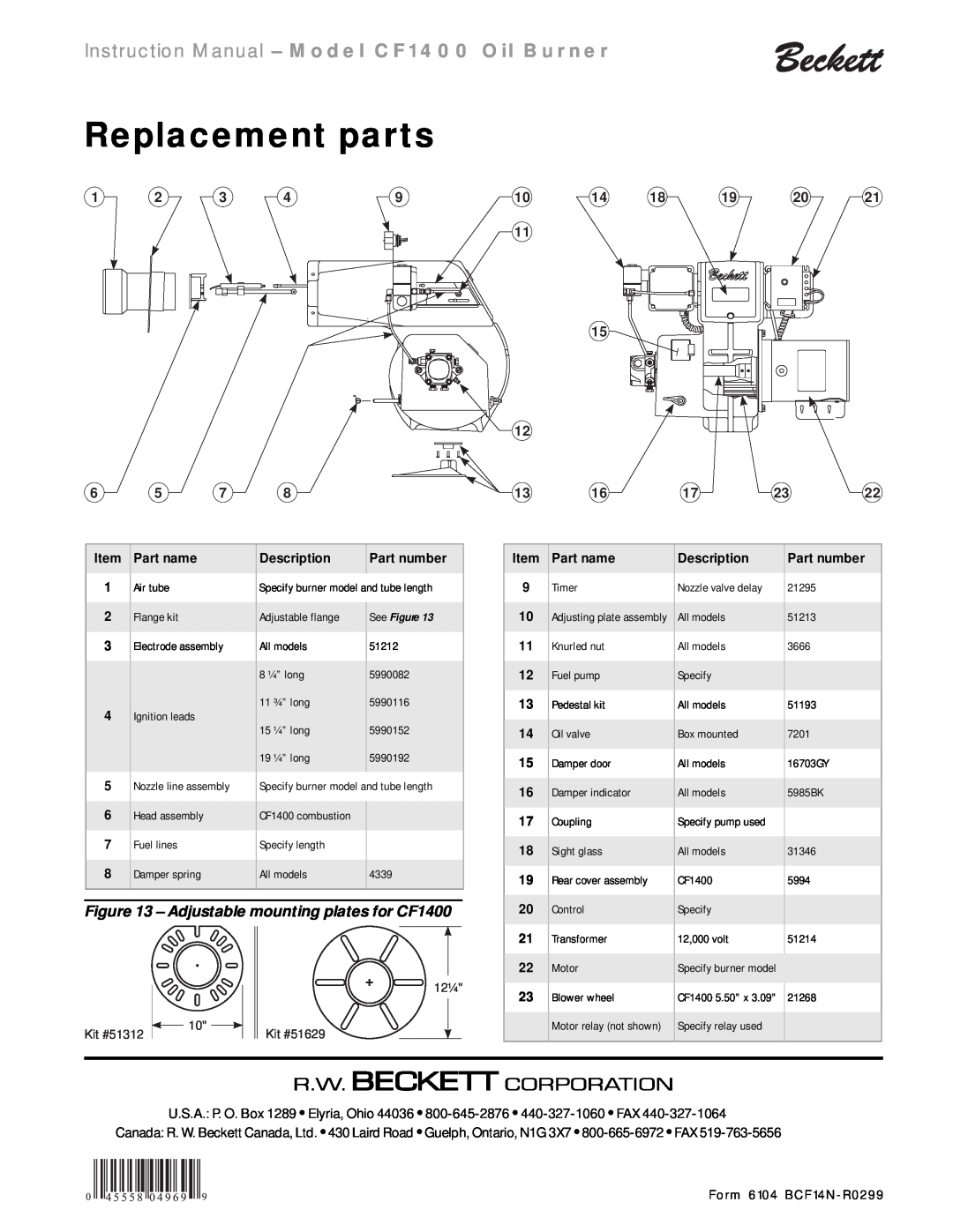 Beckett CF 1400 instruction manual Replacement parts, Adjustable mounting plates for CF1400 