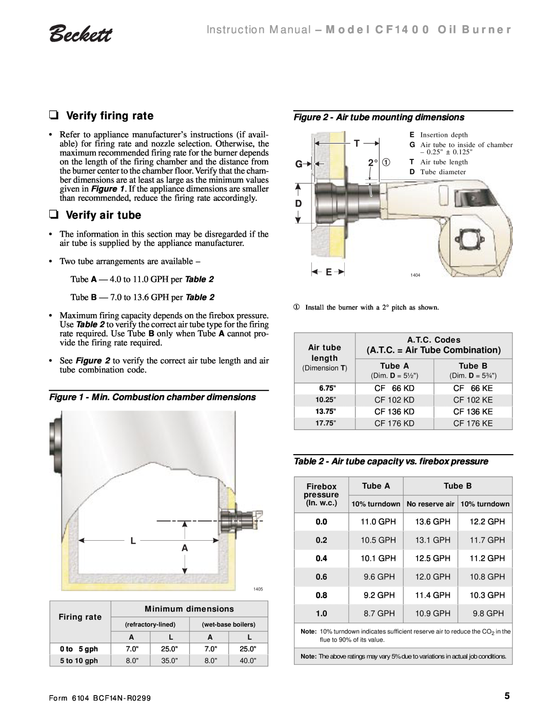 Beckett CF 1400 Verify firing rate, Verify air tube, Air tube mounting dimensions, Min. Combustion chamber dimensions 