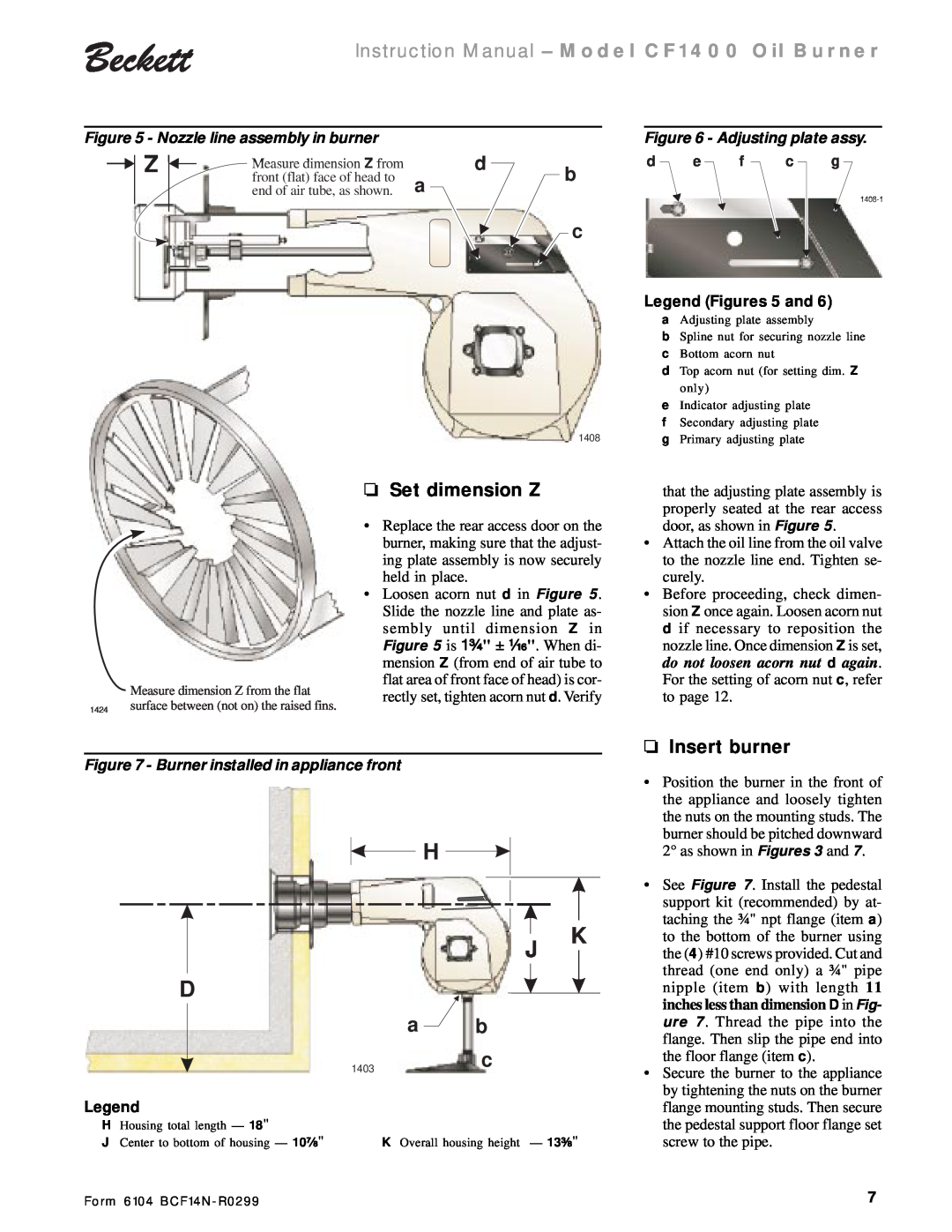 Beckett CF 1400 a b, Set dimension Z, Insert burner, Nozzle line assembly in burner, Adjusting plate assy, H J D 