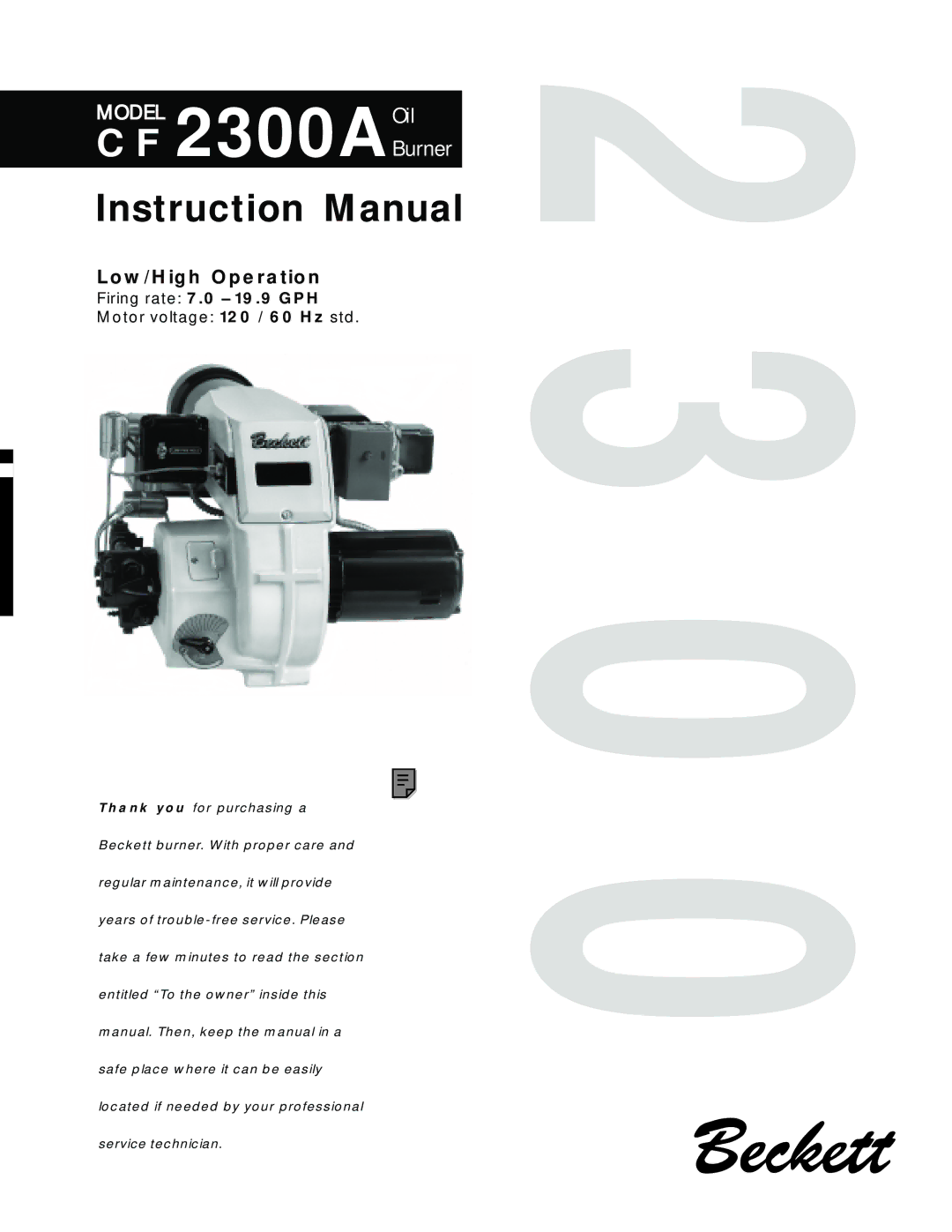 Beckett CF 2300A instruction manual Low/High Operation, Firing rate 7.0 19.9 GPH 