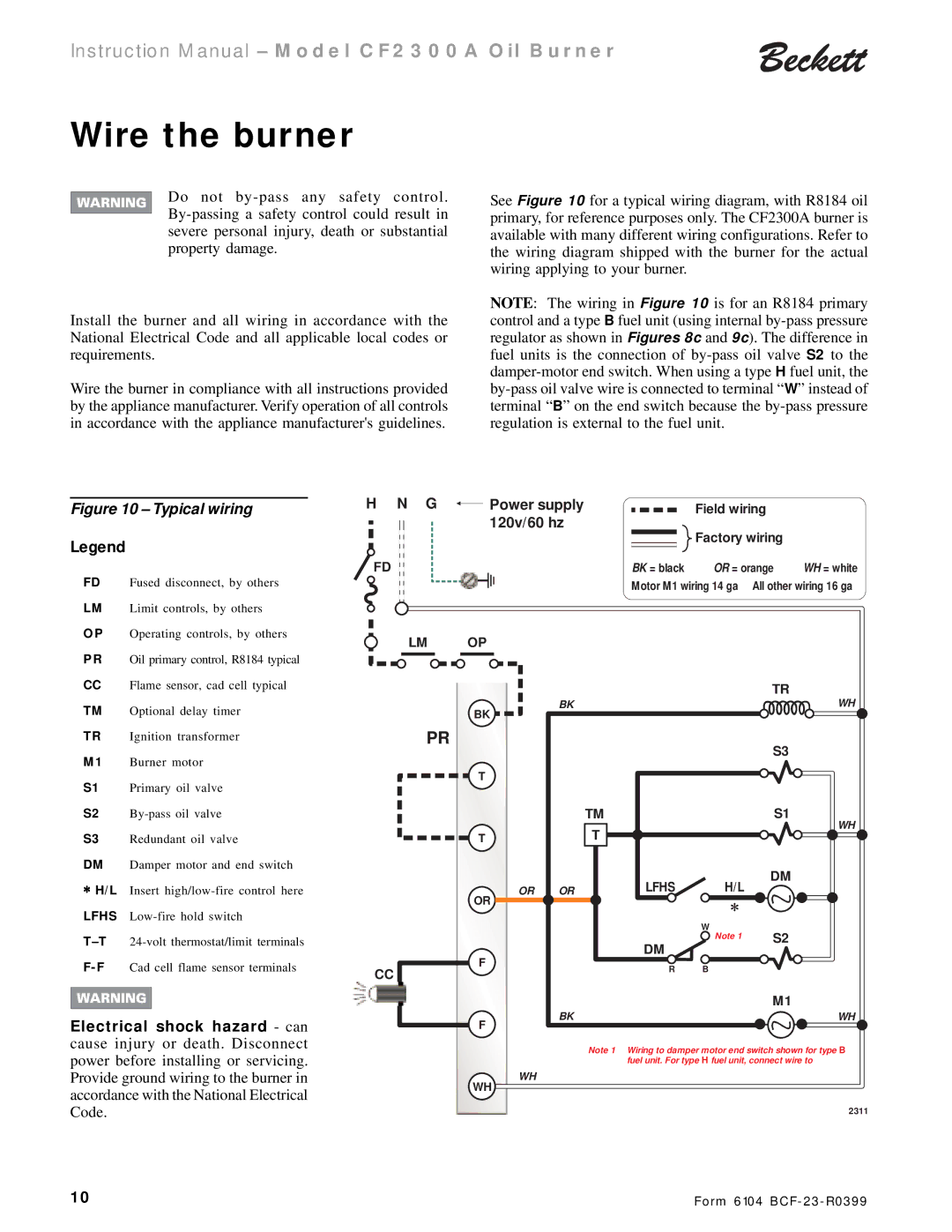 Beckett CF 2300A instruction manual Wire the burner, 120v/60 hz, Electrical shock hazard can 