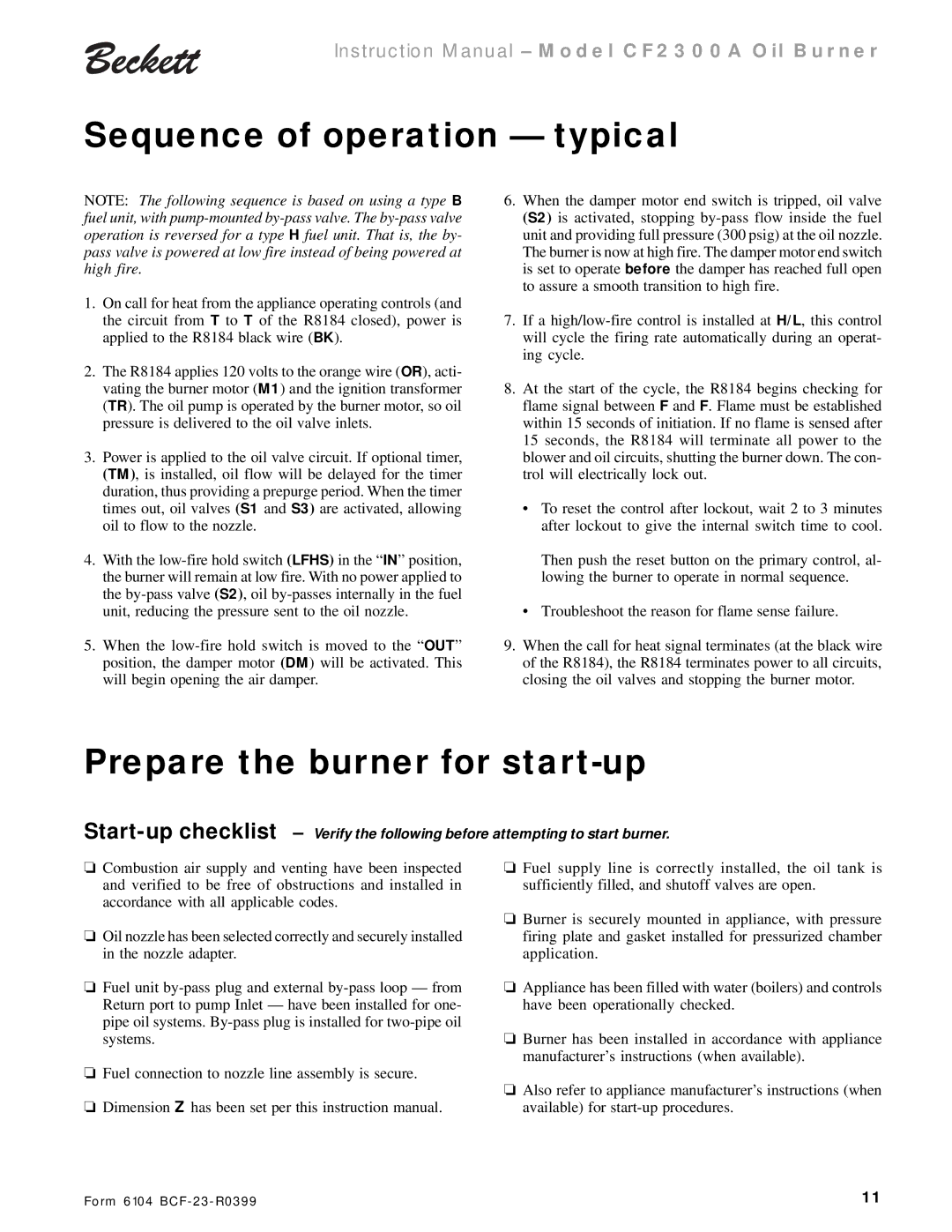 Beckett CF 2300A instruction manual Sequence of operation typical, Prepare the burner for start-up 