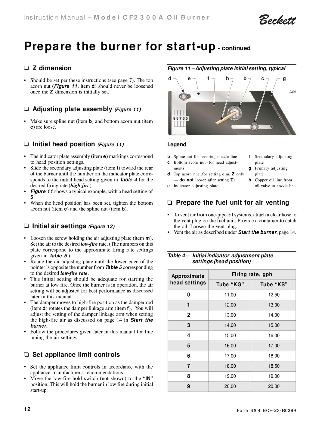 Beckett CF 2300A Dimension, Adjusting plate assembly Figure, Initial head position Figure, Initial air settings Figure 