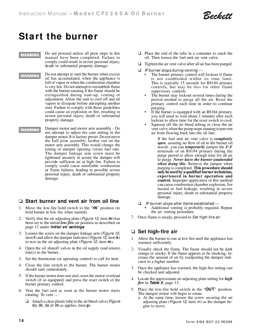 Beckett CF 2300A instruction manual Start the burner, Start burner and vent air from oil line, Set high-fire air 