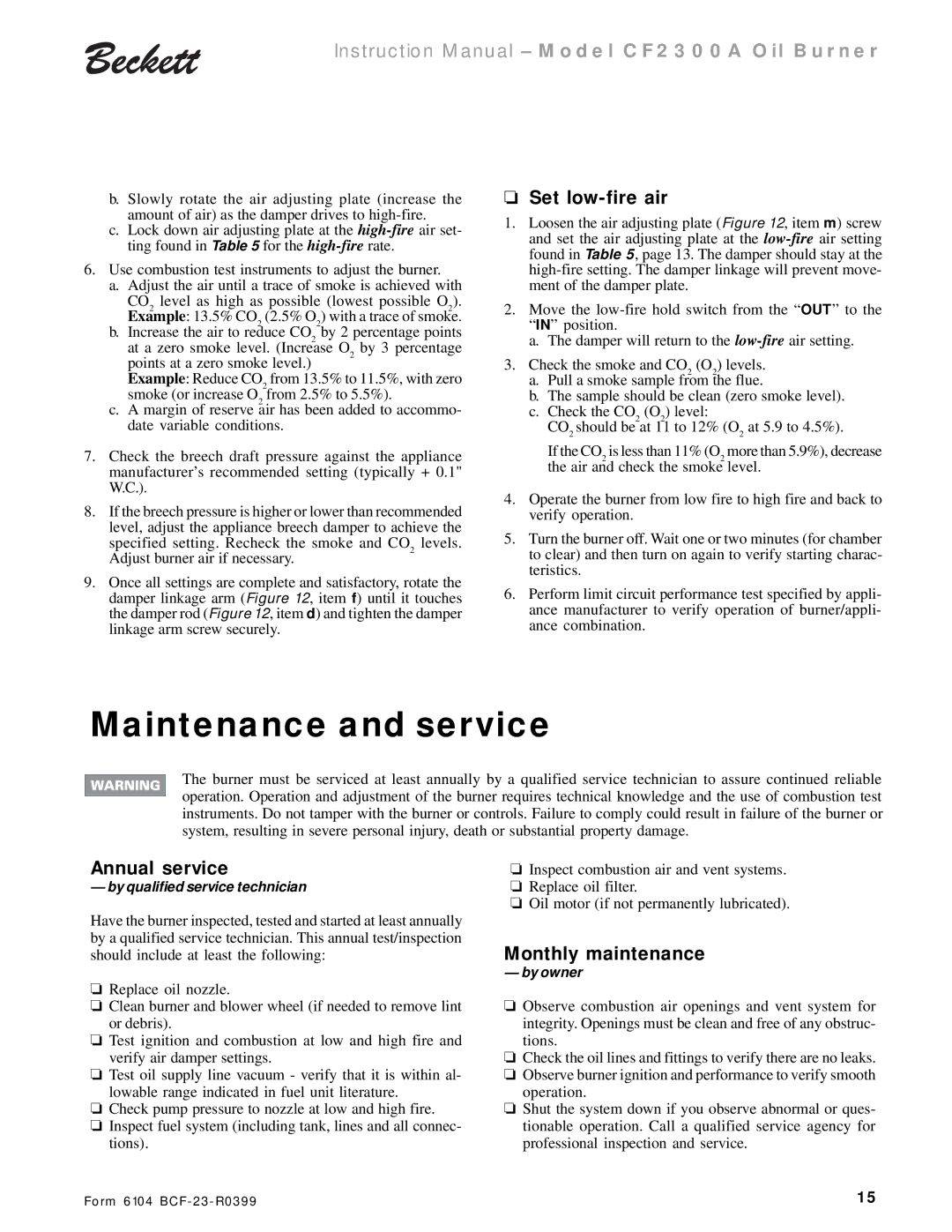 Beckett CF 2300A instruction manual Maintenance and service, Set low-fire air, Annual service, Monthly maintenance 