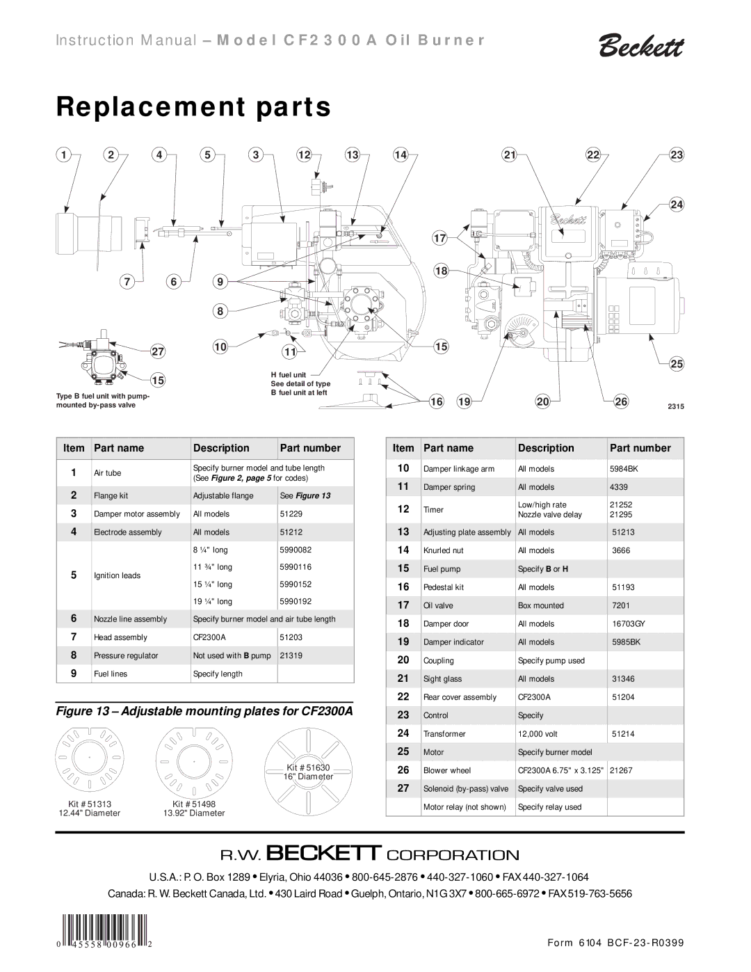 Beckett CF 2300A instruction manual Replacement parts, Adjustable mounting plates for CF2300A 