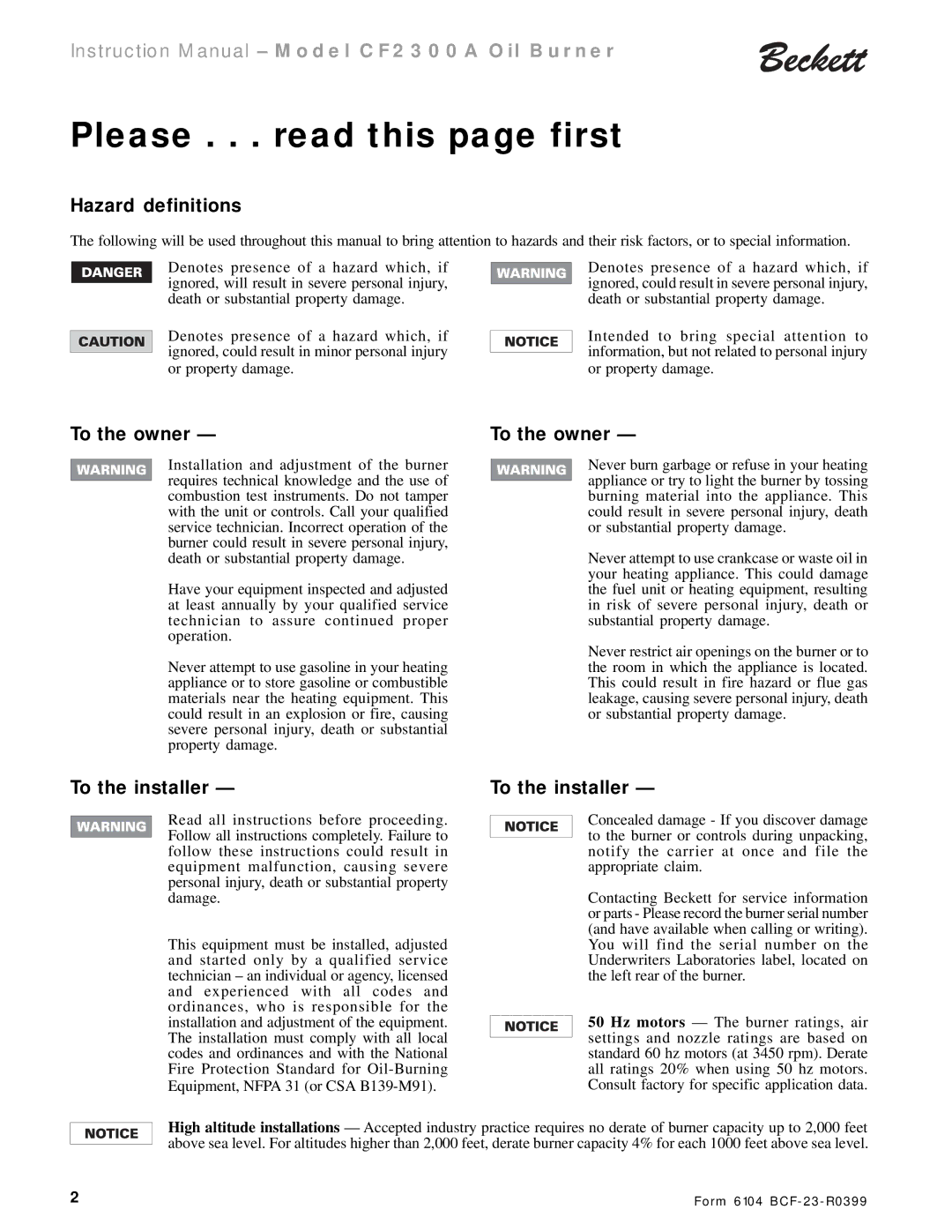 Beckett CF 2300A instruction manual Please . . . read this page first, Hazard definitions, To the owner, To the installer 