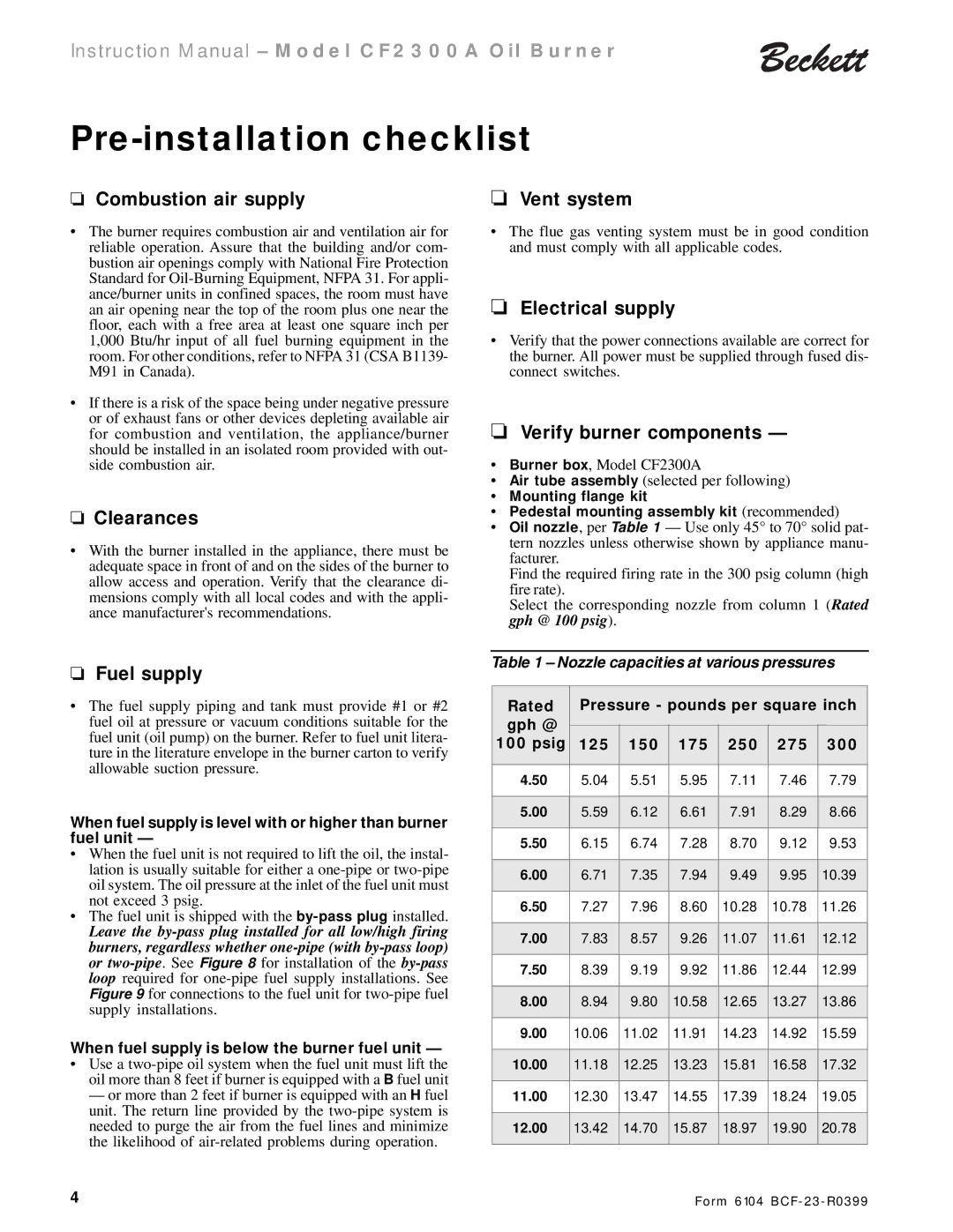 Beckett CF 2300A instruction manual Pre-installation checklist 