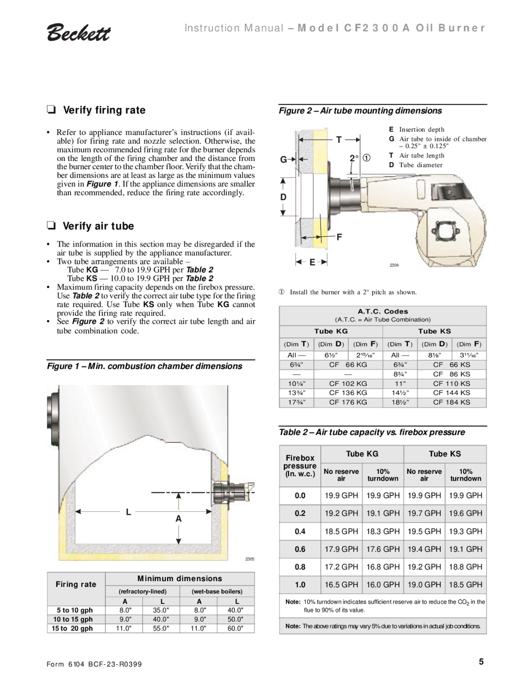 Beckett CF 2300A instruction manual Verify firing rate, Verify air tube, Air tube capacity vs. firebox pressure 