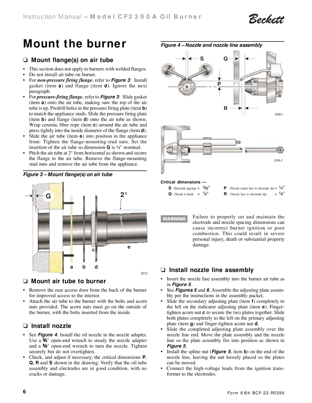 Beckett CF 2300A instruction manual Mount the burner, Mount flanges on air tube, Mount air tube to burner, Install nozzle 