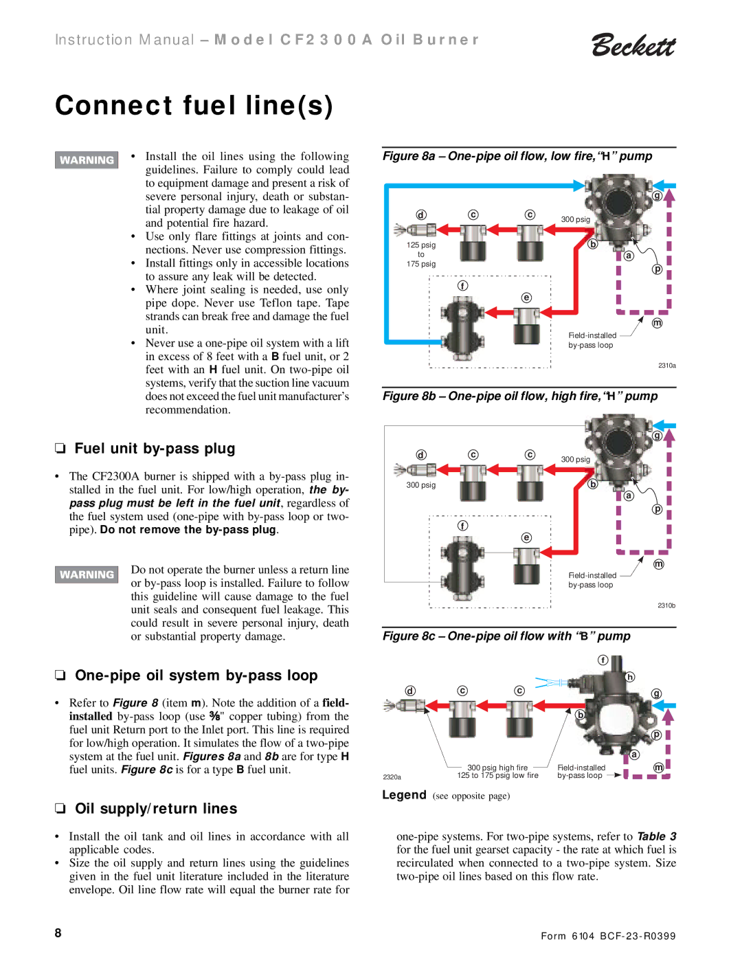 Beckett CF 2300A Connect fuel lines, Fuel unit by-pass plug, One-pipe oil system by-pass loop, Oil supply/return lines 