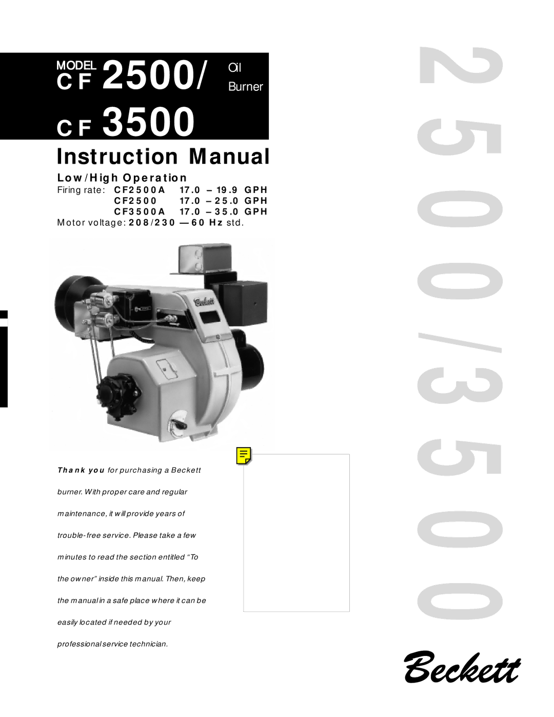 Beckett CF 2500/ 3500 instruction manual CF 2500/ OilBurner, Low/High Operation 